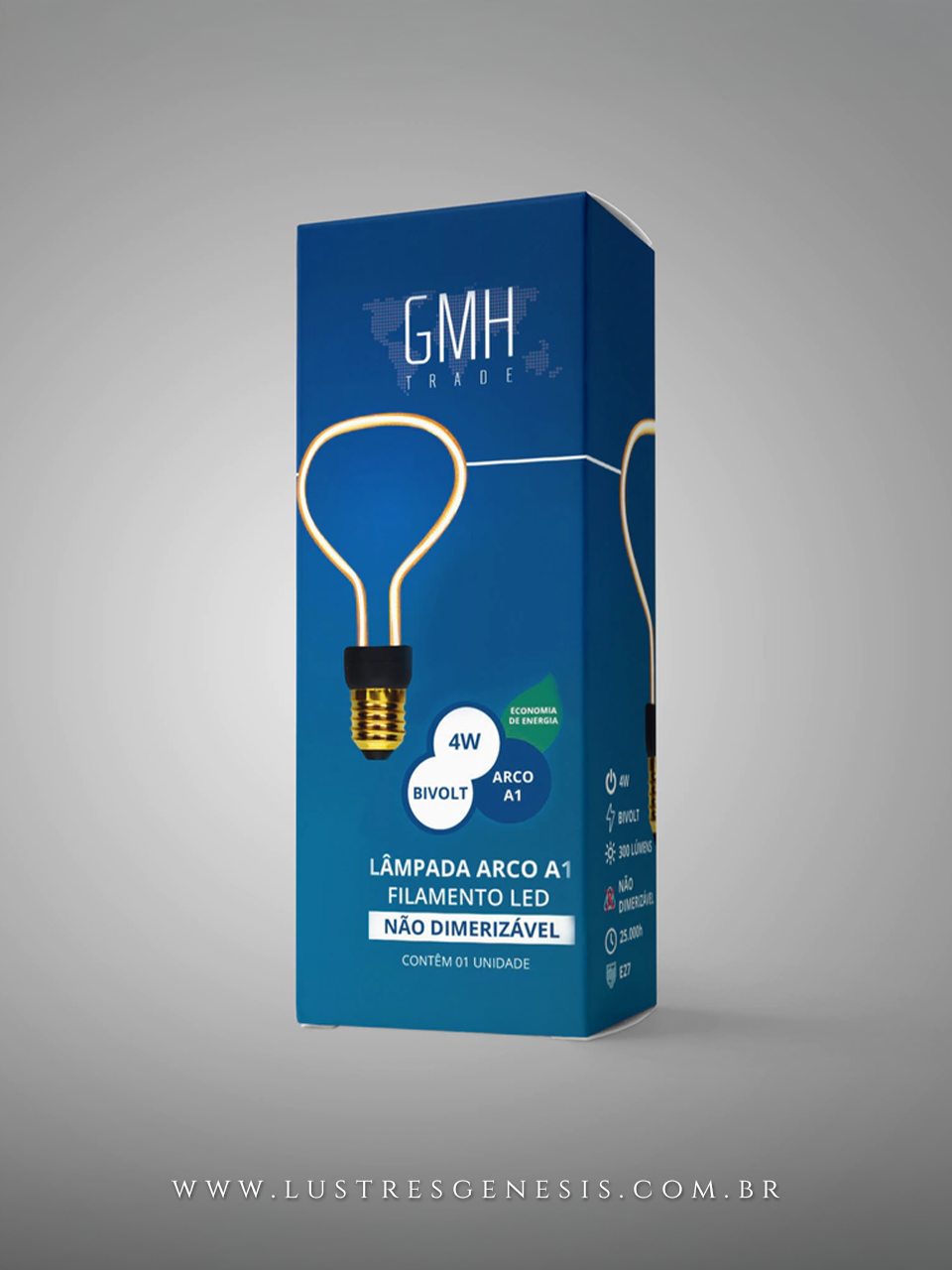 Lâmpada Arco A1 de Led GMH modelo LA1-4W com filamento em formato de arco e base dourada, ideal para decoração moderna.